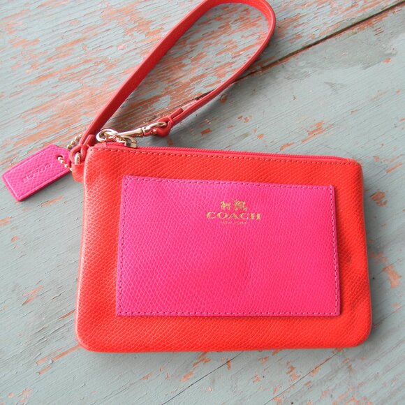 COACH RED/PINK PEBBLE LEATHER WRISTLET WALLET - Picture 1 of 5